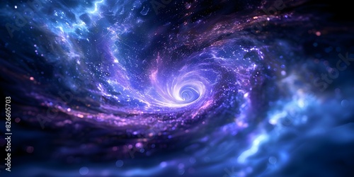 Spiral galaxy with stars tunnel through space nebula in deep blues. Concept Galaxy Exploration, Space Nebula, Stellar Spiral, Blue Depths