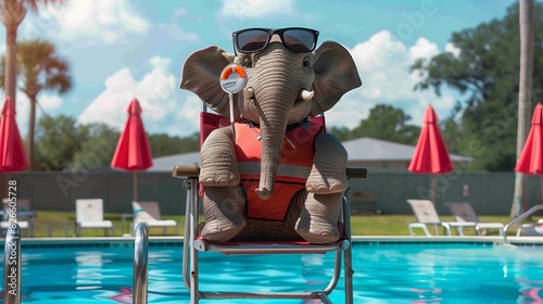 A humorous scene with a plush elephant in a lifeguard chair by the pool, reflecting whimsy and a play on vacation tropics photo