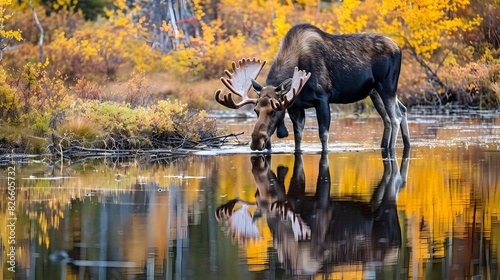 Majestic Moose Drinking from a Serene Autumn Pond with Vibrant Fall Foliage Reflection