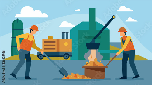 Employees in a biomass power plant shovel and feed wood chips into a furnace producing heat for steam and electricity.. Vector illustration