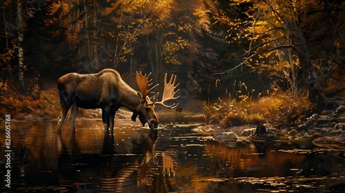 Majestic Moose in Autumn Forest Reflection