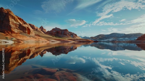 Majestic Desert Oasis Reflected in Tranquil Lake Amidst Towering Cliffs and Canyons