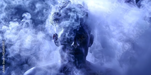 Symbolizing Depression and Burnout: Person with Head in Fog. Concept Mental Health, Depression, Burnout, Fog, Symbolism
