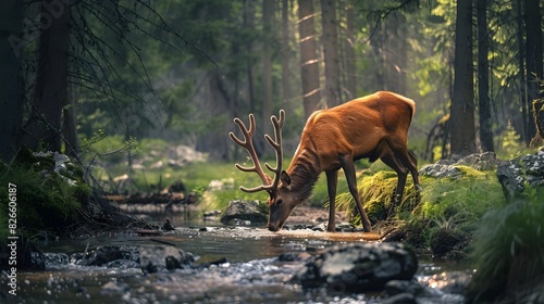 Majestic Deer Exploring Lush Forest Stream Landscape photo