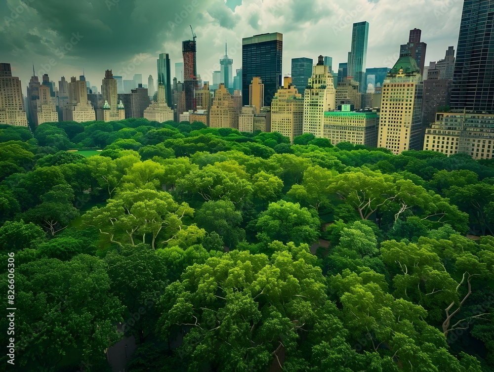 Obraz premium Lush Metropolis Framed by Towering Skyscrapers Amid Verdant Urban Oasis