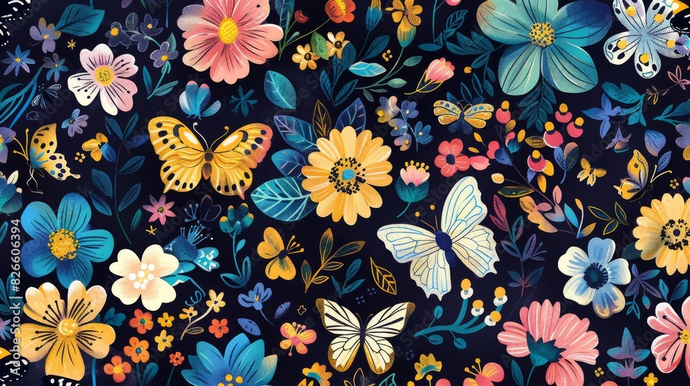 Spring pattern with flowers, butterflies, and bees Spring pattern with flowers, butterflies, and bees