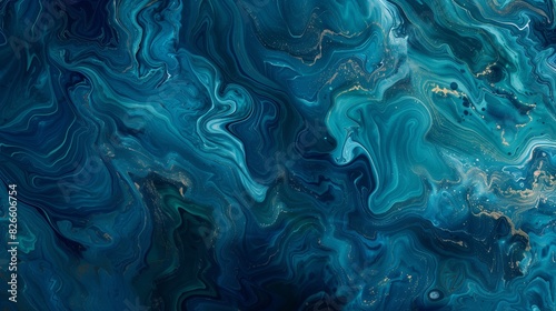 : A beautifully chaotic marbled blue abstract background, where deep oceanic blues mix with hints of emerald and aqua, creating a fluid, marble-like texture.