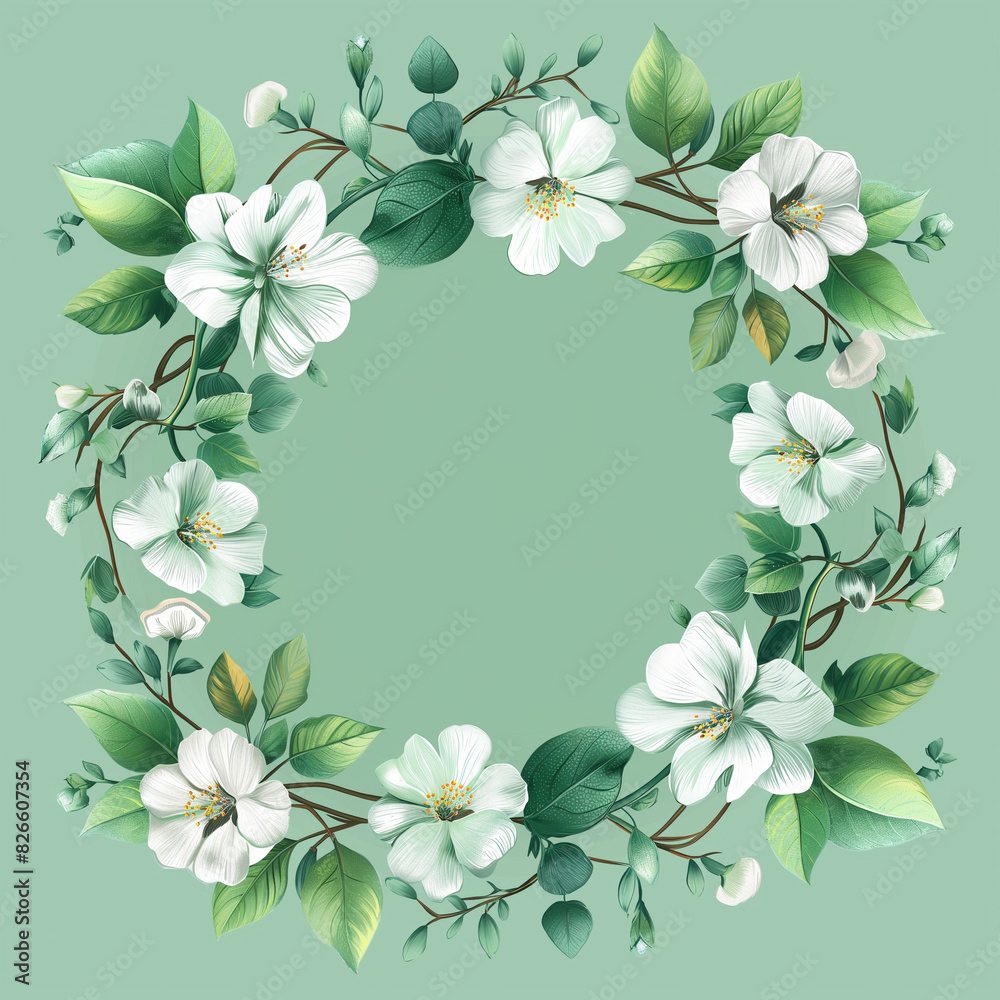 A white flower wreath with green leaves surrounding it A white flower wreath with green leaves surrounding it