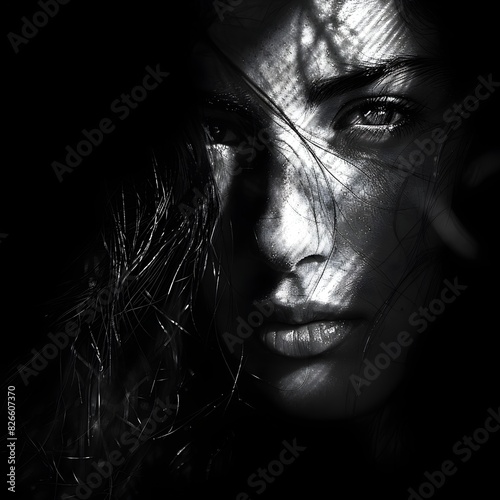 Captivating Monochrome Portrait of a Pensive Mysterious Woman with Striking Facial Features and Emotive Expression