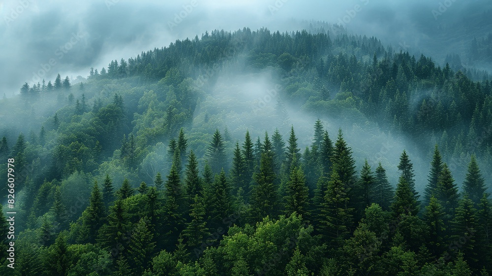 A mountain engulfed in fog with dense tree cover visible on the slopes, creating a mysterious and atmospheric scene.