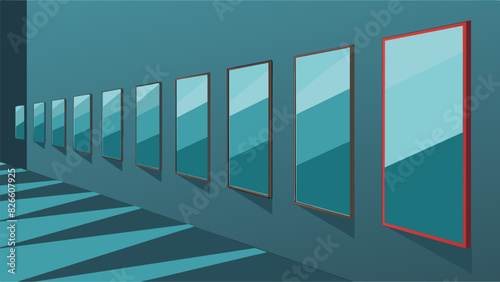 A wall of mirrors with oneway glass creating a reflective surface for visitors to journal on without fear of judgement symbolizing the release of. Vector illustration