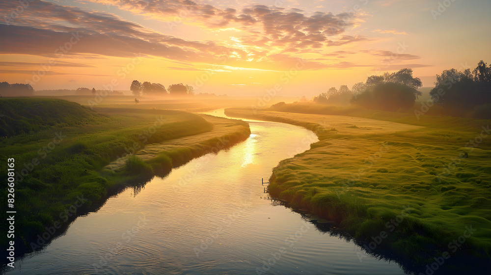 Tranquil Sunrise Over a Winding River and Lush Green Meadows