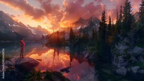 Majestic Alpine Landscape at Sunset Reflecting in Serene Mountain Lake