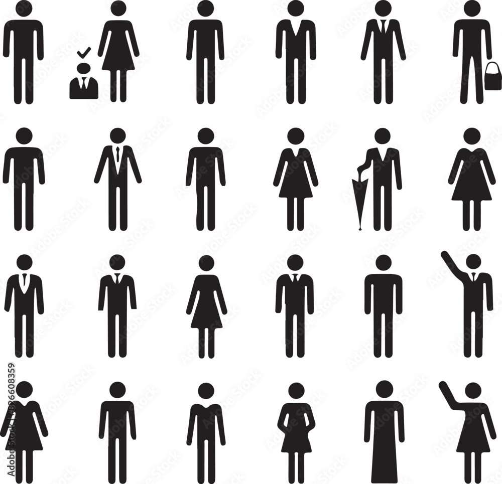Set of icons man, stick figure people, human silhouettes, stickmen isolated on white background 