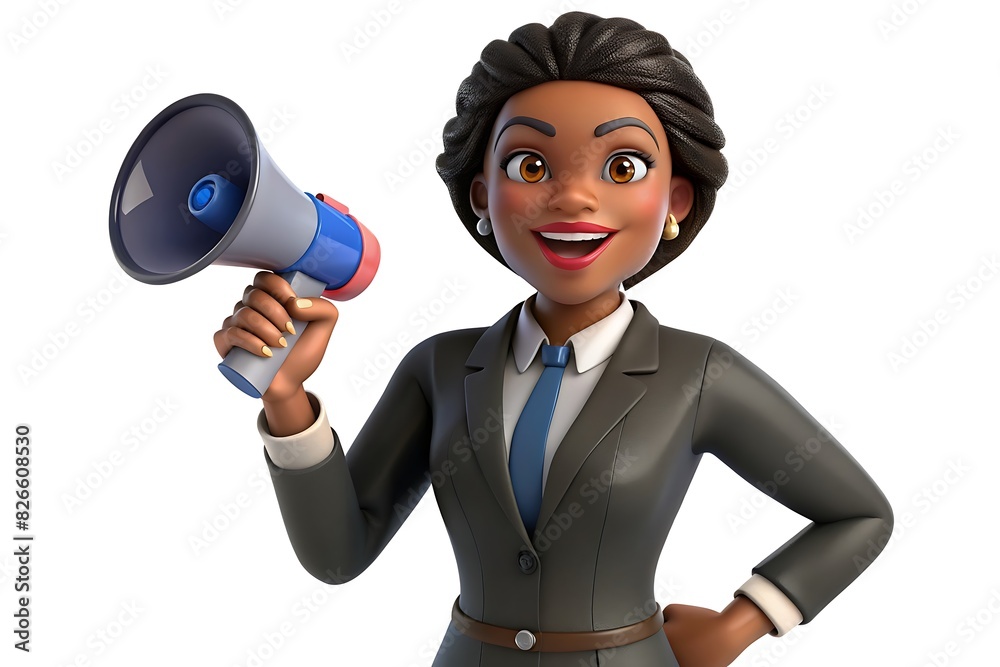 3d Illustration Of Black Business Woman Holding Hand Speaker To Announce Something,  Isolated On White Background, 3d illustration 