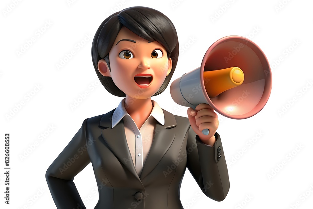 3d Illustration Of Chinese Business Woman Holding Hand Speaker To Announce Something, Isolated On White Background, 3d illustration 3d Illustration Of Chinese Business Woman Holding Hand Speaker To Announce Something, Isolated On White Background, 3d illustration