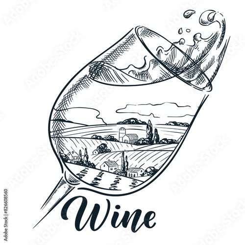Wine glass with tuscany landscape, vineyard fields and wine splash. Vector hand drawn sketch illustration isolated on white background. Winery shop label design element