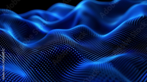 : A high-definition capture of a dark mesh gradient background, shifting from deep black to sapphire blue, accentuated by a dynamic, undulating wave pattern that brings a sense of rhythm and flow.