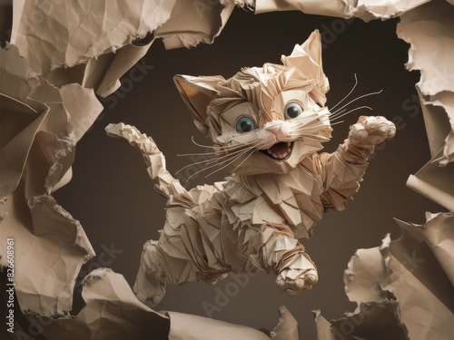 Playful Origami Cat Leaping Through Torn Paper , Creative Design for Posters, Cards, Art Prints