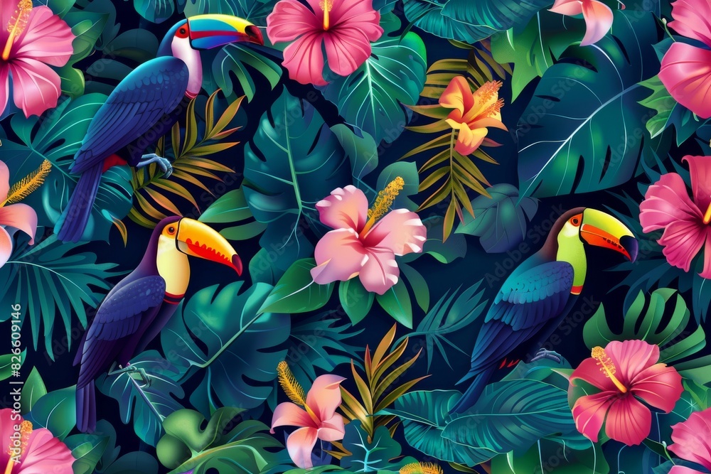 A repeating pattern of colorful tropical birds and exotic plants, perfect for vibrant summer designs