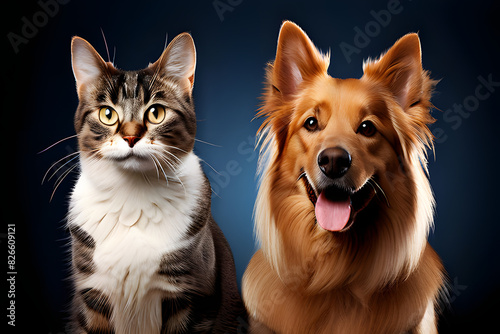 cat and dog. A [breed of dog] dog and a gray tabby cat standing side-by-side on a red background. © sehar