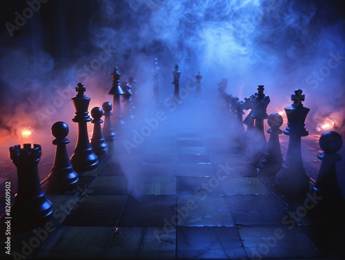 Dramatic Chess Board Scene with Illuminated Pieces and Mystic Fog, Capturing the Intensity and Strategy of the Game in a Mysterious and Atmospheric Setting, Perfect for Chess Enthusiasts.