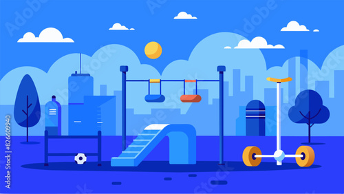 Step into a virtual calisthenics park and challenge yourself with highintensity bodyweight exercises under the bright blue sky.. Vector illustration