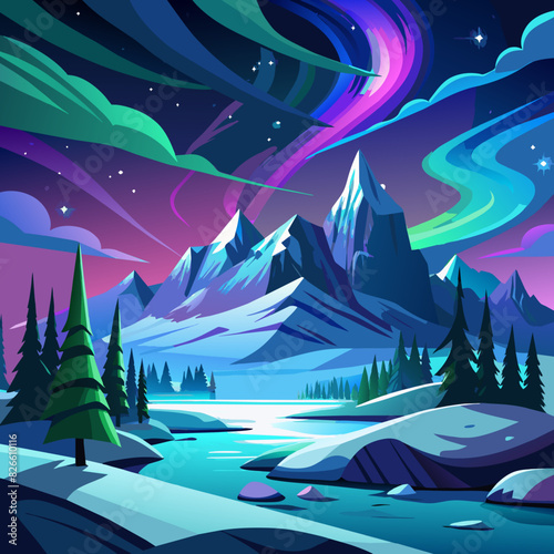 Dazzling auroras over snow-covered landscapes at night