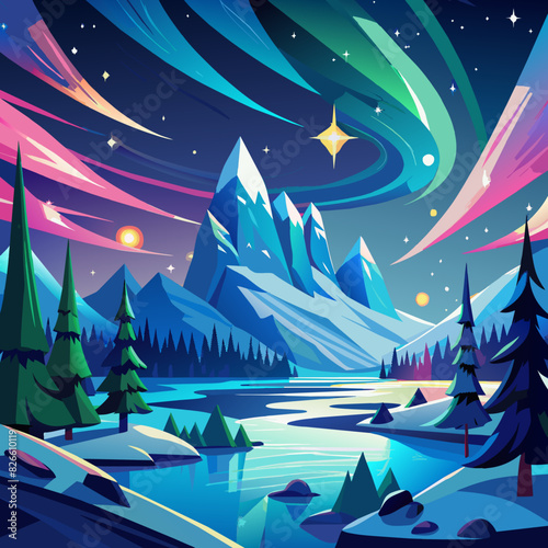 Dazzling auroras over snow-covered landscapes at night