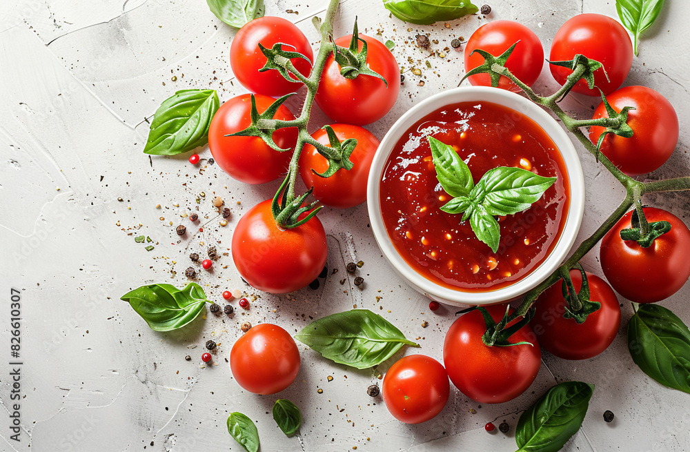 Top view of a bowl of tomato ketchup on a wooden table Top view of a bowl of tomato ketchup on a wooden table