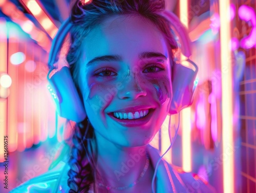 Portrait of a young woman with headphones in front of a colorful background © Boonanan