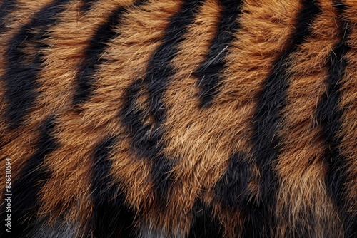 Close-up photo of a tiger s fur. The fur is a background of orange with black stripes.