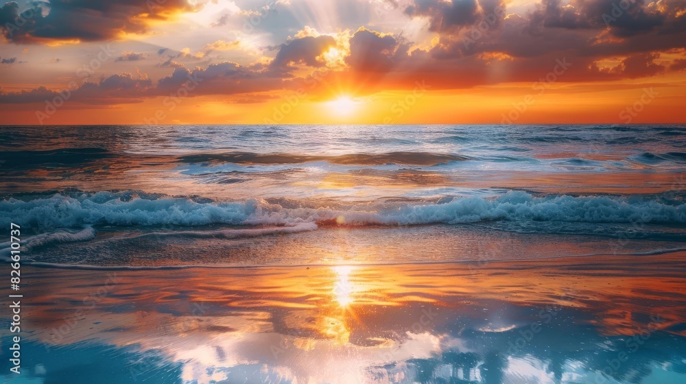 A stunning sunset over the ocean waves, reflecting vibrant colors on the water surface under a dramatic cloudy sky, creating a serene atmosphere. A stunning sunset over the ocean waves, reflecting vibrant colors on the water surface under a dramatic cloudy sky, creating a serene atmosphere.