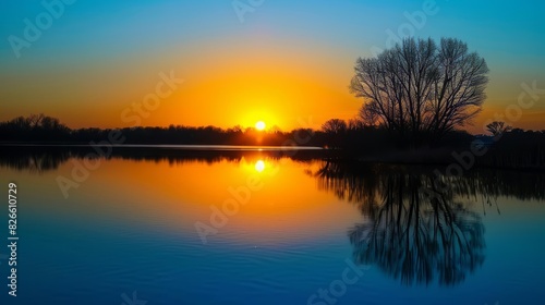 Serene sunset over a calm lake with tree reflection, beautiful tranquil moment in nature, showcasing vivid colors in the sky and water.