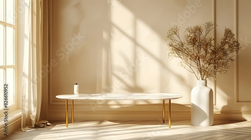 Elegant Marble Table with Gold Accents in Sophisticated Interior Setting for Beauty Product Showcase