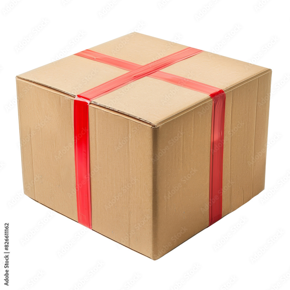 Cardboard Box Wrapped with Red Tape for Shipping or Storage Cardboard Box Wrapped with Red Tape for Shipping or Storage