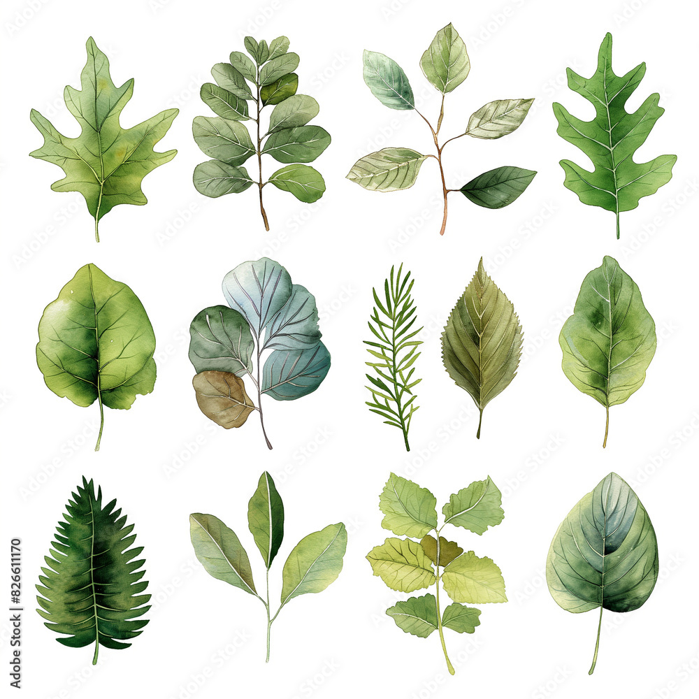 Fototapeta premium A set of green leaves with gold accents