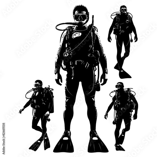deep sea with diving equipment diver silhouette set 