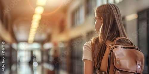 A high school girl navigates the hallways on her first day. Concept High School, First Day, Hallways, Teenager, New Student photo