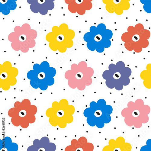 Bright modern floral simple seampless vector pattern. Pretty flowers on white background. Abstract meadow simple texture.  photo