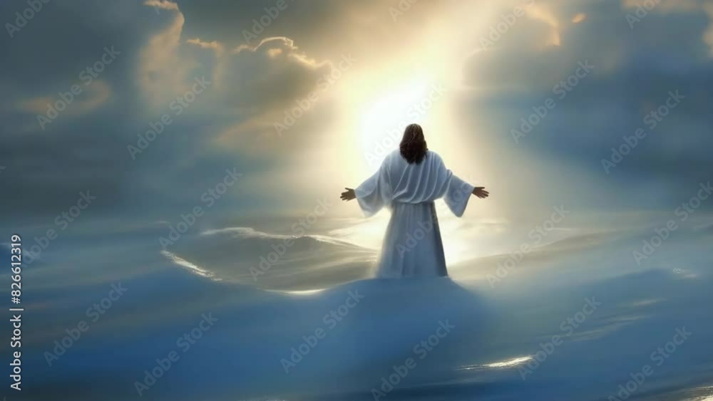Jesus Christ walking on sea ocean water at sunrise sunset light - 4k new stock video footage animation AI Jesus Christ walking on sea ocean water at sunrise sunset light - 4k new stock video footage animation AI