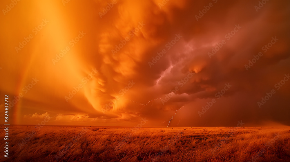 Fototapeta premium A dust storm with vivid orange sky and rainbow, and cloud-to-ground lightning strike.