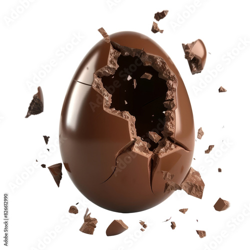 Broken chocolate egg with pieces flying in mid-air
