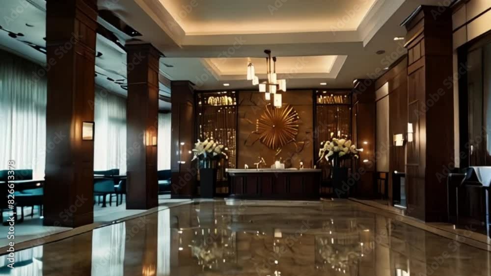 Elegant Hotel Lobby with Dark Wood Paneling, Marble Floors, and Chandeliers