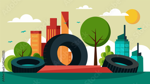 An upcycled street art installation utilizing old tires showcasing how art can transform urban landscapes and promote environmental consciousness.. Vector illustration