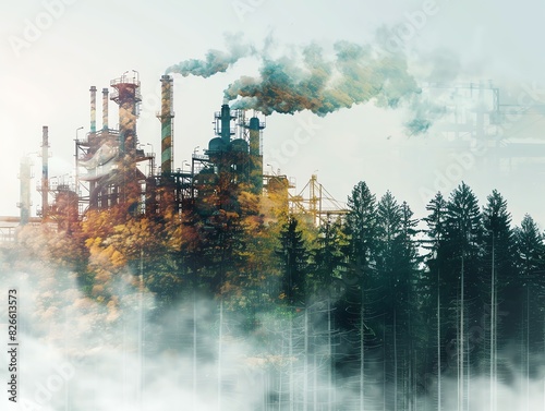 Biomass power plant  sustainable resources  copy space  rich colors  Double exposure silhouette with green chemistry