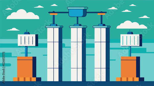 Giant cylindrical columns towering overhead separating and purifying the different components of gasoline.. Vector illustration