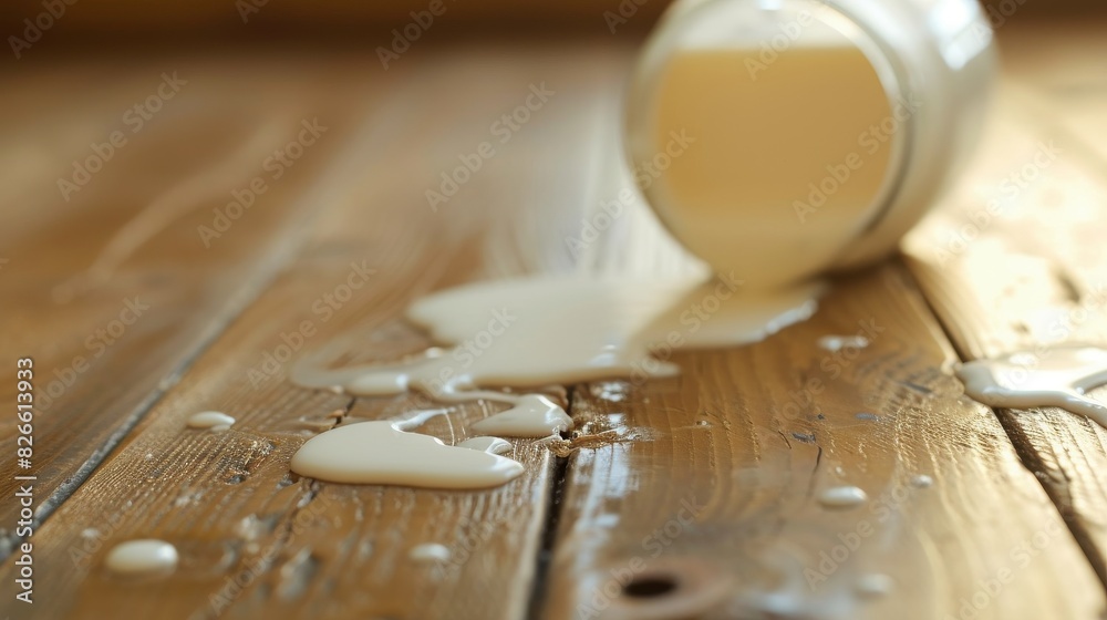 Glass of spilled white milk on a wooden floor Glass of spilled white milk on a wooden floor