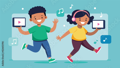 Two children dancing to the same virtual song following along with each others movements through their tablets.. Vector illustration