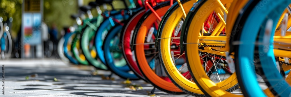 Fototapeta premium Colorful bicycles lined up in a row on a sidewalk, with a bike sharing station sign visible in the background